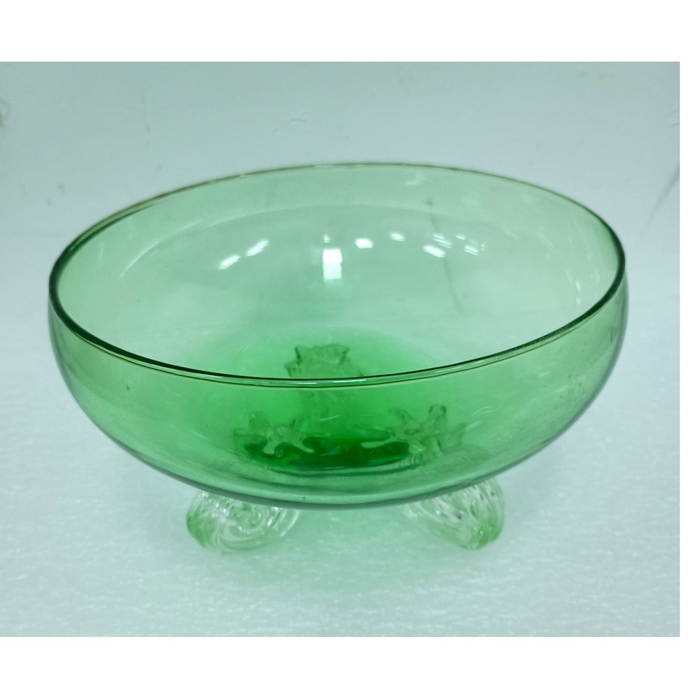 Vintage Tiffin Art Glass Green Footed Bowl Mid Century Modern Scroll Feet